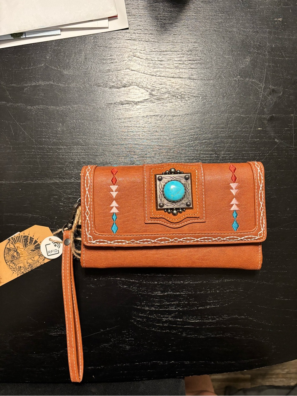 Brown Wristlet Wallet with Turquoise Accent - Women Bags Wallets